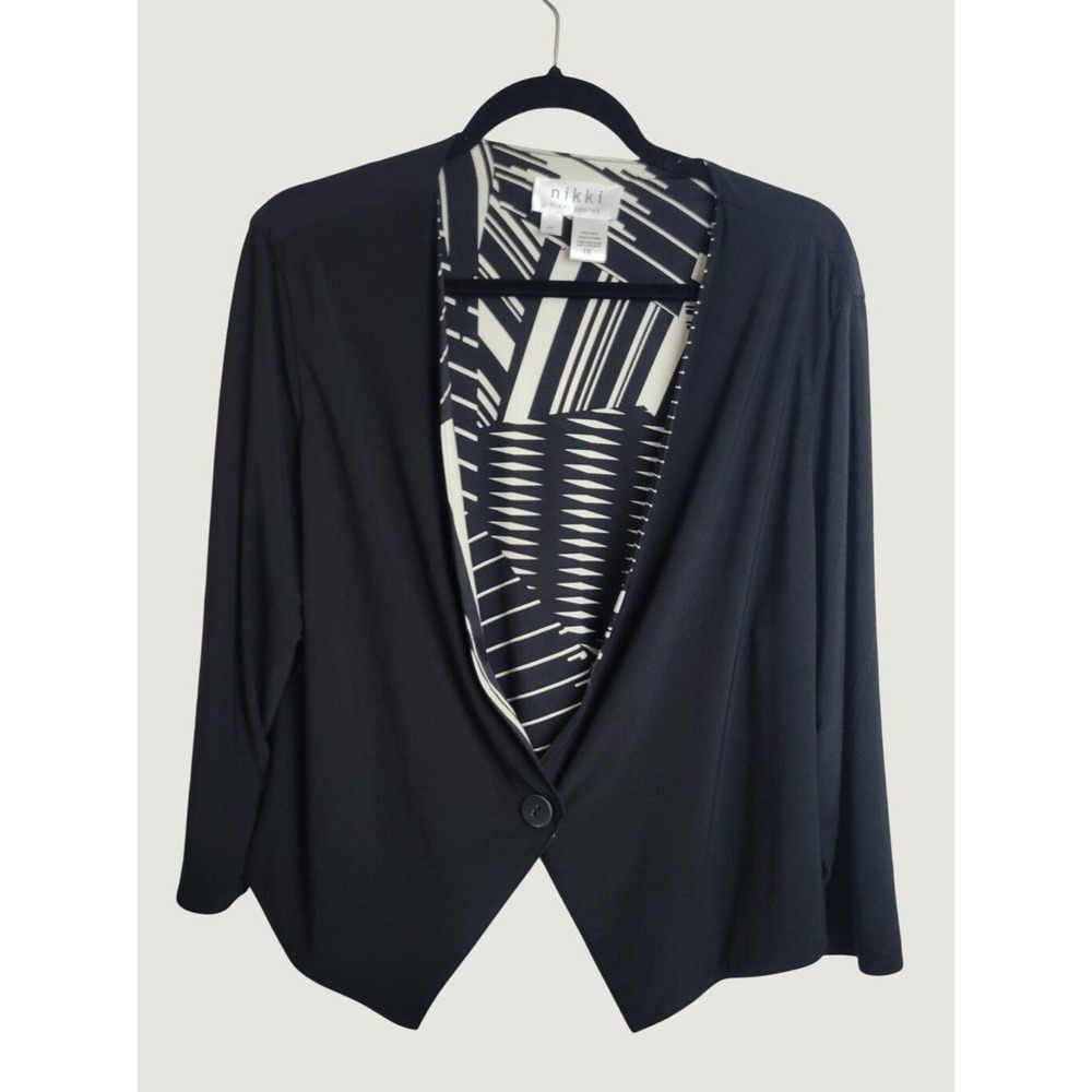 Nikki Poulos Blazer Cardigan Geometric Print Lining Professional Black Plus 1X
